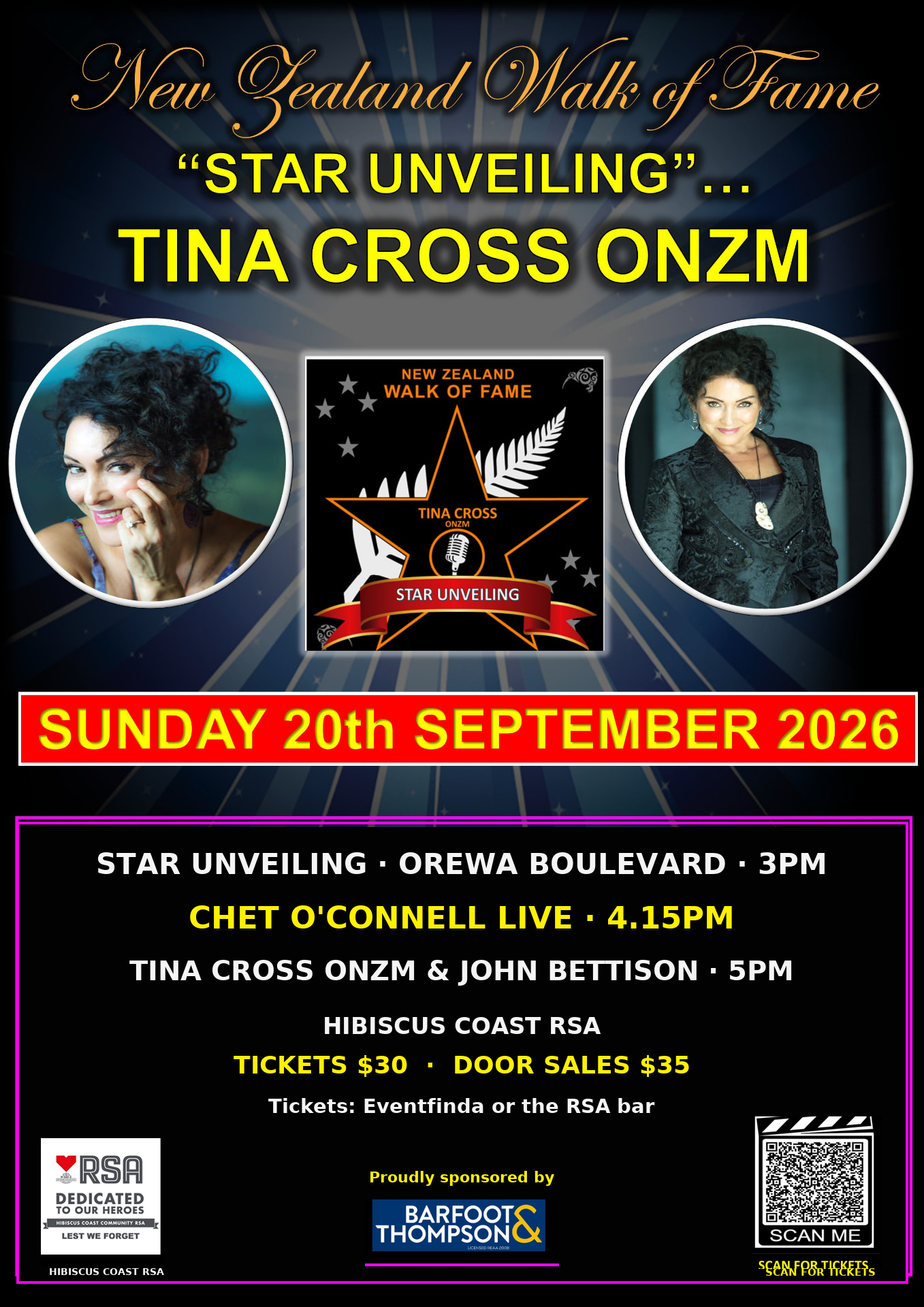 Promotional poster for the Tina Cross ONZM star unveiling on Sunday 20 September 2026 at Orewa Boulevard